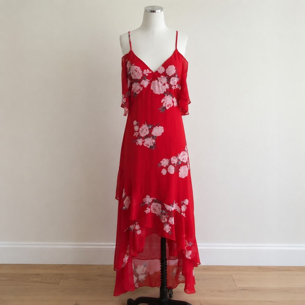 Lulus Red Floral High Low Maxi Dress Size M NWT Spaghetti Strap Wedding